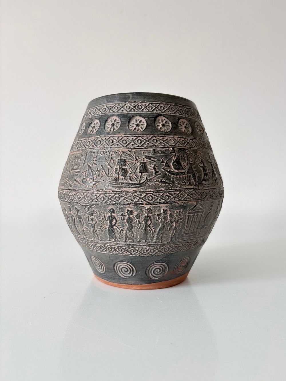 Vintage Greek Terracotta Pottery Vase Pot Relief Friezes Mythology Imagery